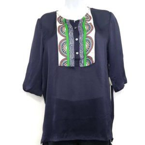 Line & Dot Navy Blue Silk Flowy Boho Bib Tunic Med